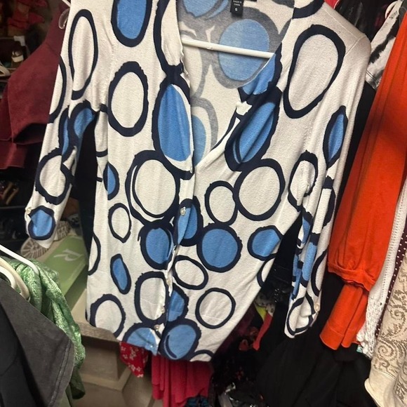 The Unbranded Brand Sweaters - Cyrus black blue n white‎ circles cardigan  size small
